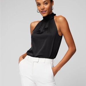 White House Black Market Halter Pleated Shell Top Black Satin Fabric